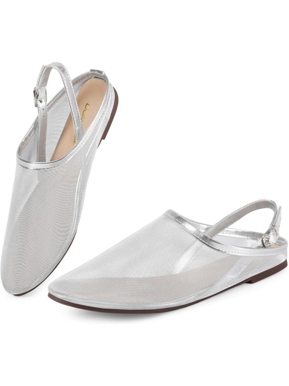 🆕Women's Silver Mesh Slingback Flats Heart Pattern Ballerina Shoes Casual